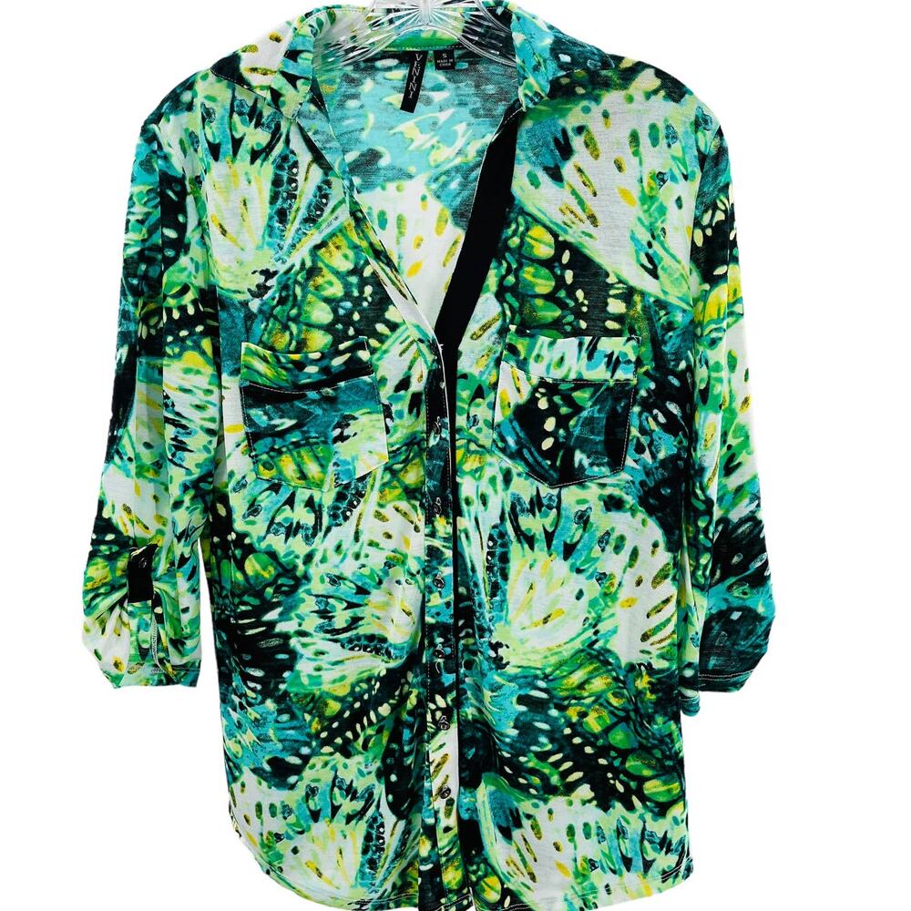 Venini Y2K Green Blue Whimsical Print Long Sleeve V Neck Long Sleeve Blouse S